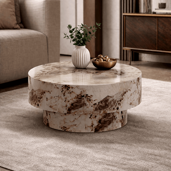 ZENA-70 Table basse ronde en marbre d'ingénierie beige et marron D70 cm