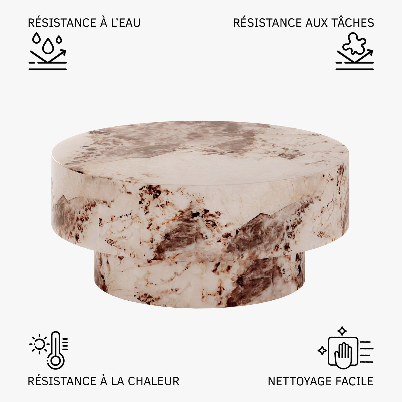 ZENA-70 Table basse ronde en marbre d'ingénierie beige et marron D70 cm - Table basse - Mobilier Deco