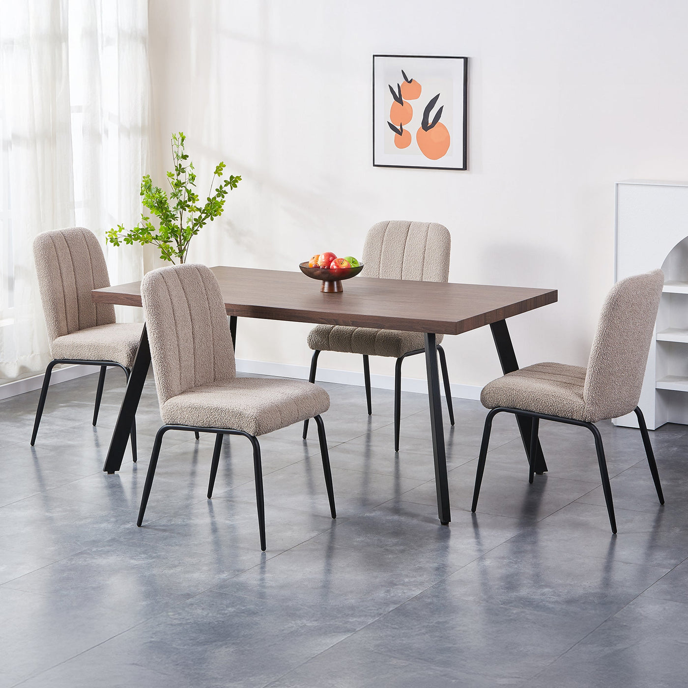 ZERA Lot de 4 chaises en tissu bouclette beige pieds en métal noir - Chaise de repas - Mobilier Deco