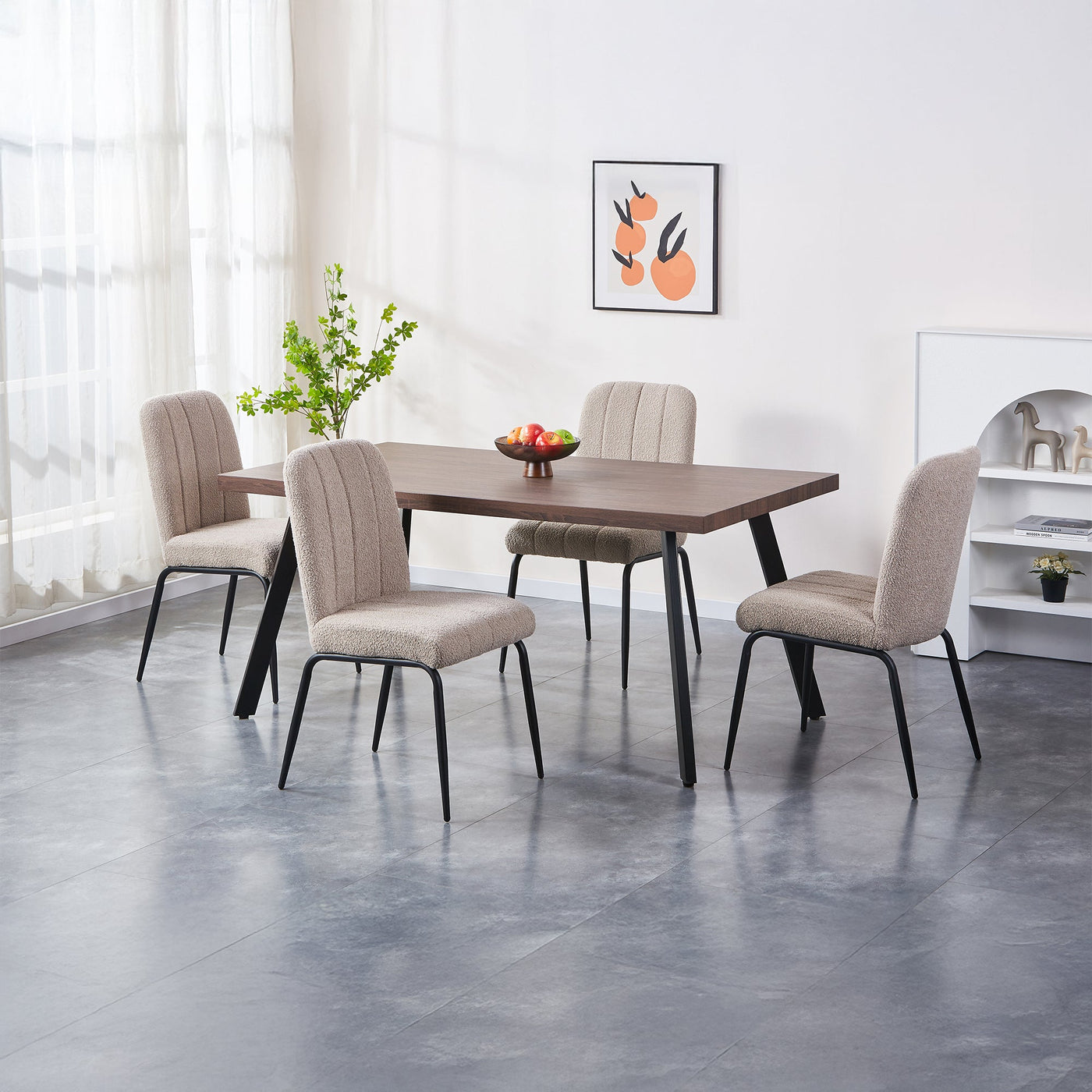 ZERA Lot de 4 chaises en tissu bouclette beige pieds en métal noir - Chaise de repas - Mobilier Deco