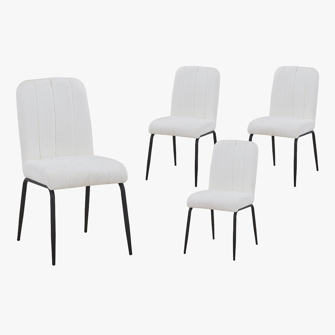 ZERA Lot de 4 chaises en tissu bouclette blanc écru pieds en métal noir - Chaise de repas - Mobilier Deco