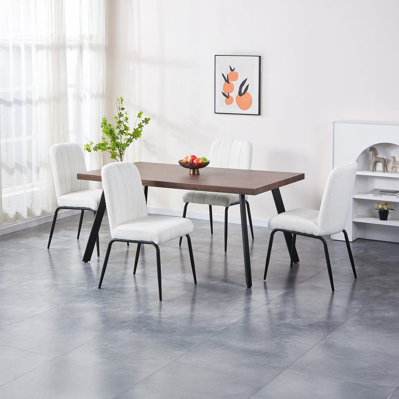 ZERA Lot de 4 chaises en tissu bouclette blanc écru pieds en métal noir - Chaise de repas - Mobilier Deco