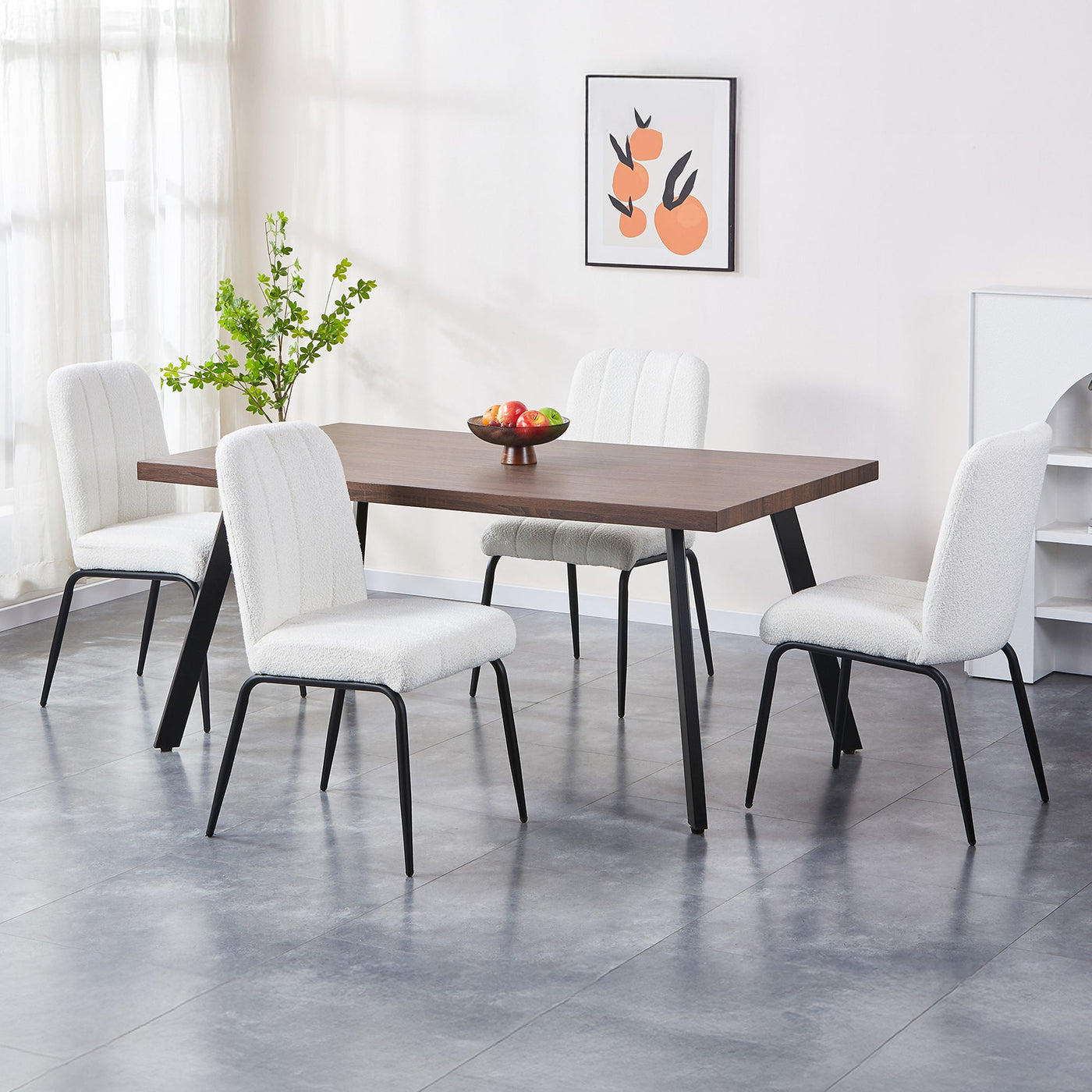 ZERA Lot de 4 chaises en tissu bouclette blanc écru pieds en métal noir - Chaise de repas - Mobilier Deco