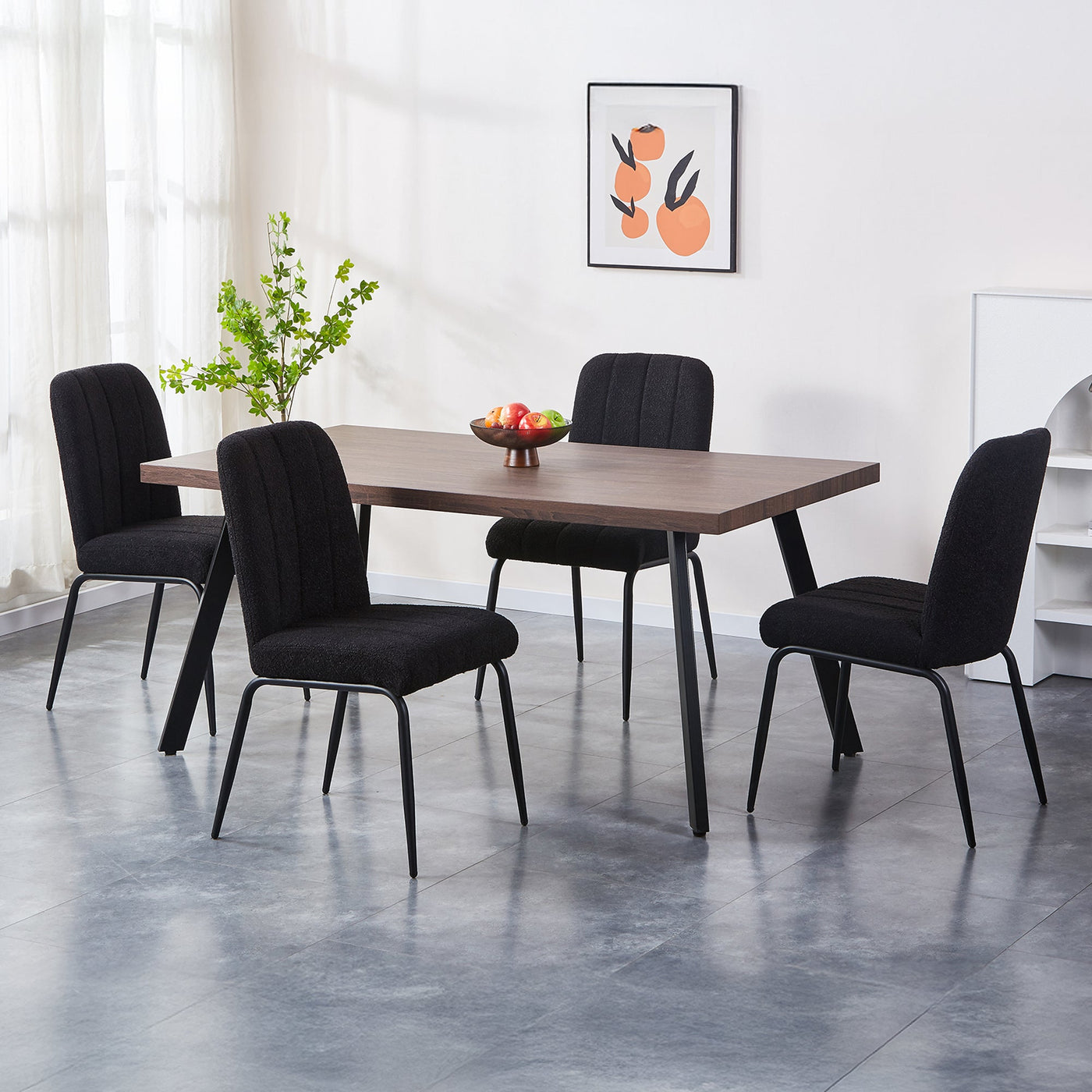 ZERA Lot de 4 chaises en tissu bouclette noir pieds en métal noir - Chaise de repas - Mobilier Deco
