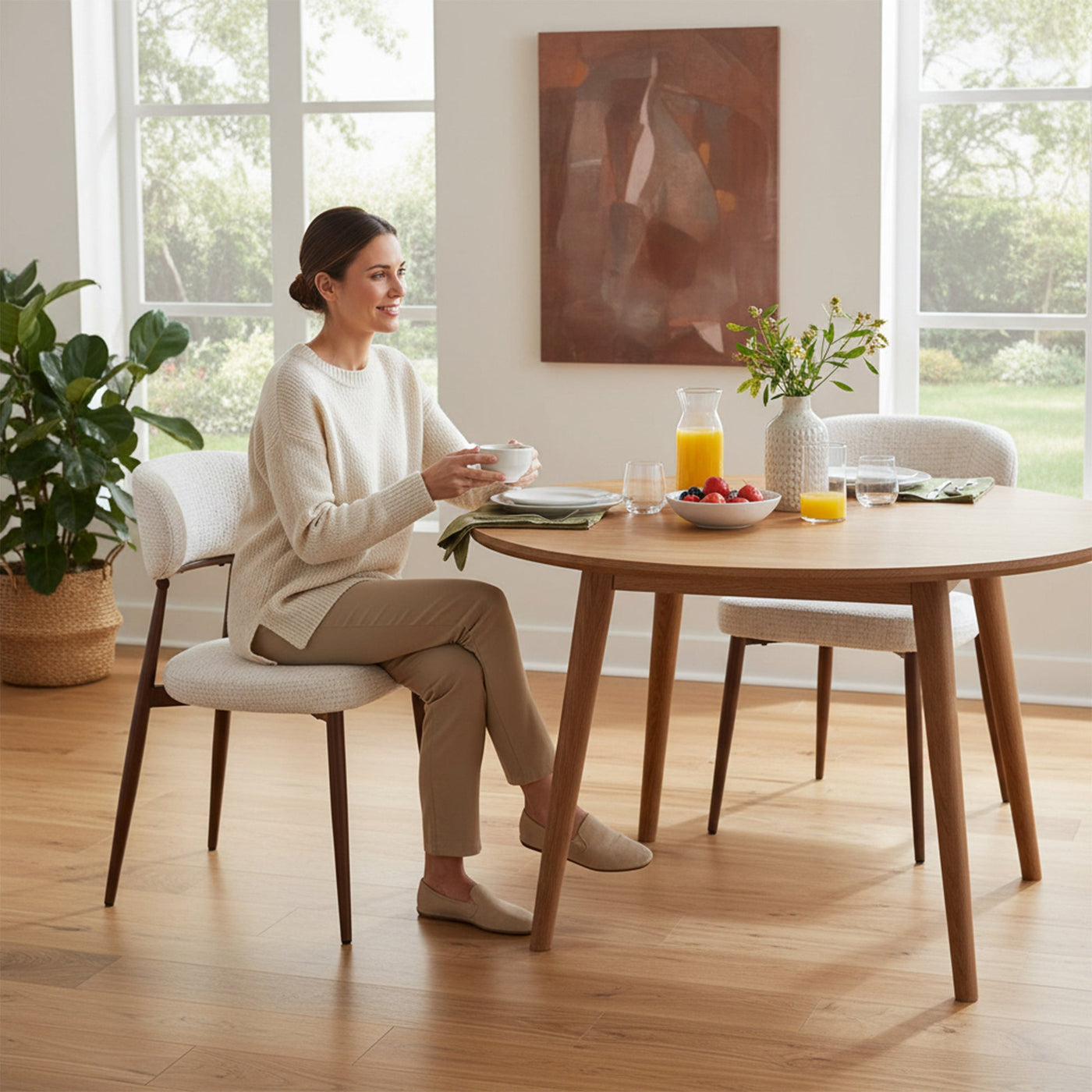 ZOELIA Lot de 2 chaises en tissu beige pieds couleur bois foncé - Chaise de repas - Mobilier Deco