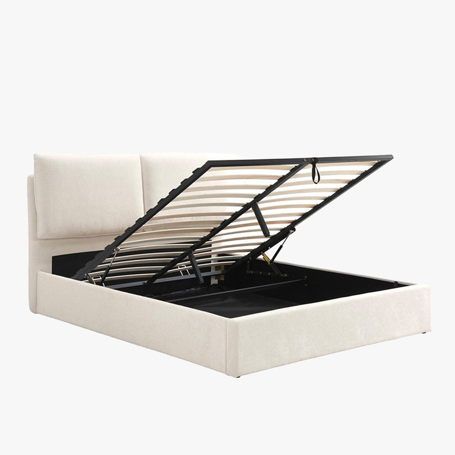 ZYRA Lit double en tissu beige avec coffre 140x190 cm — aperçu vidéo