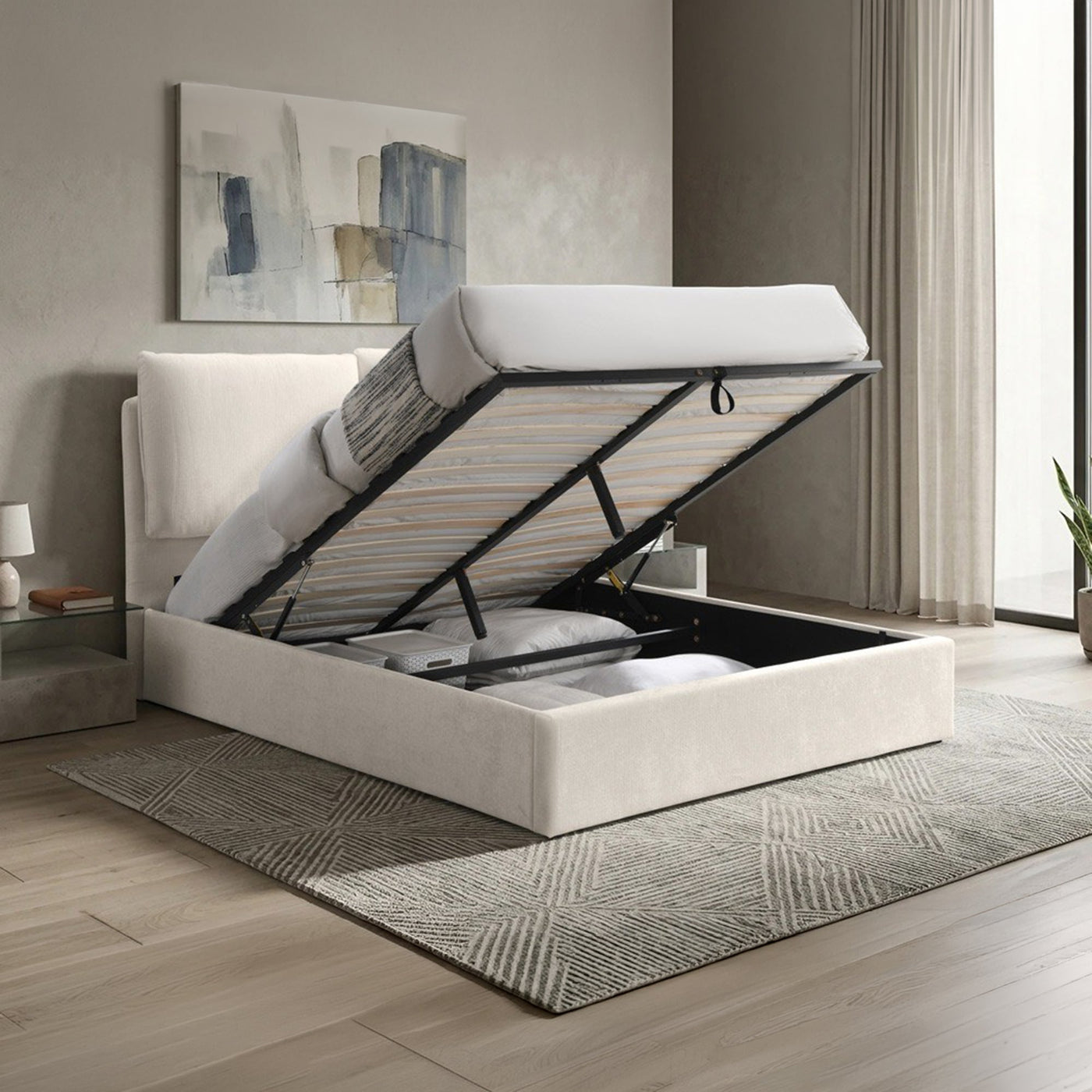ZYRA Lit double en tissu beige avec coffre 180x200 cm - Lits - Mobilier Deco